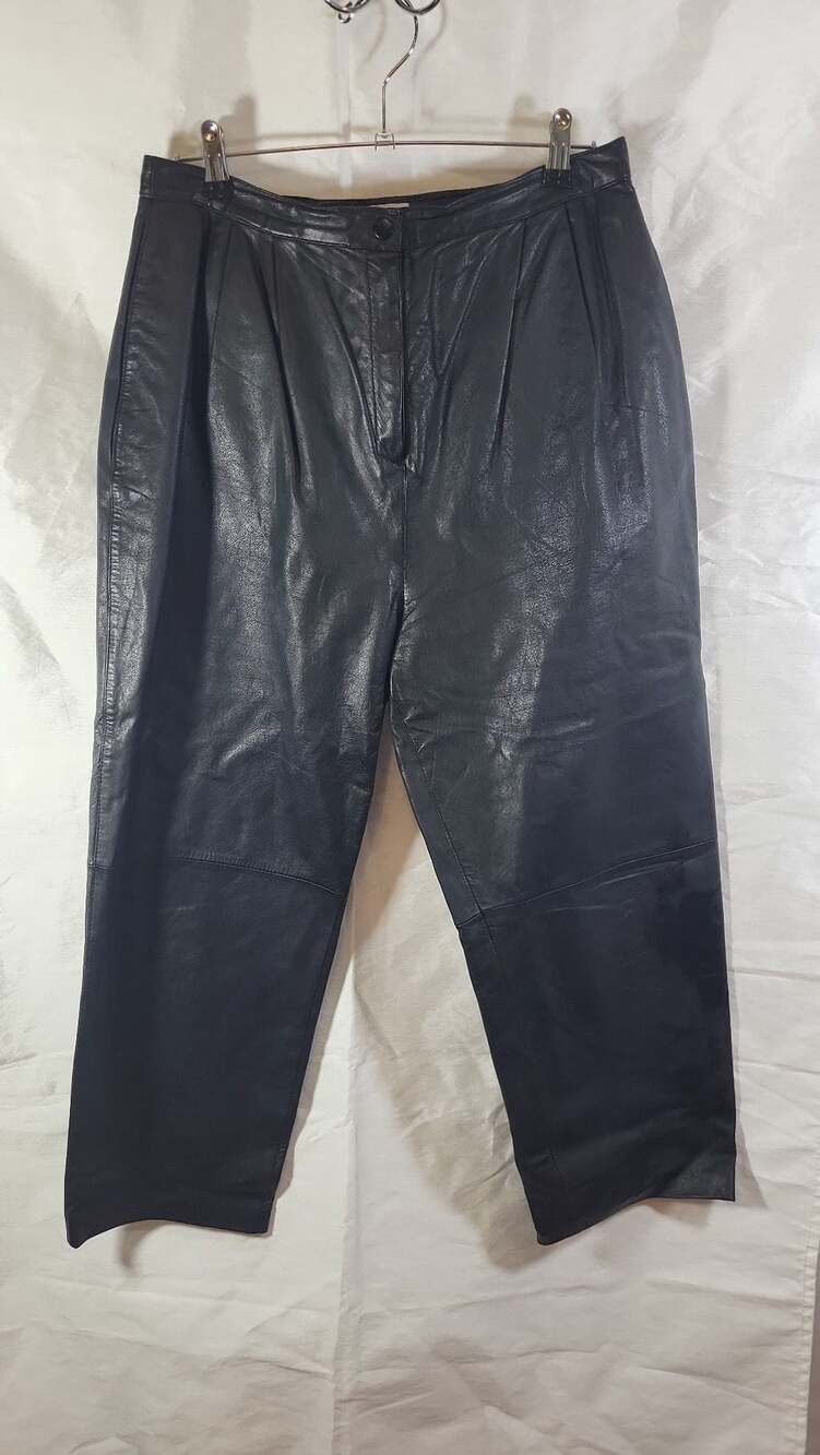 Vintage Evan Davies Black Cow Nappa Leather High Waisted Pleated Pants Size 14